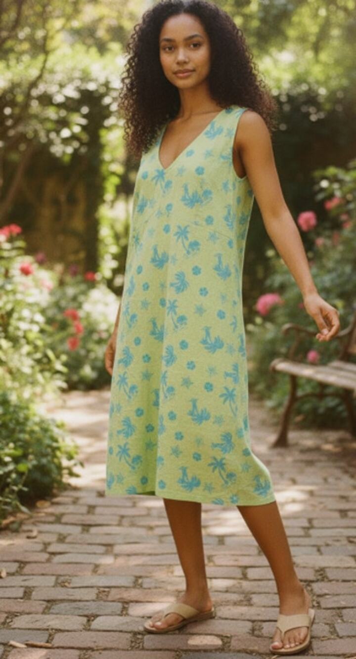 Nomadic Traders Green and Blue Palm Tree Cotton Dress size Large